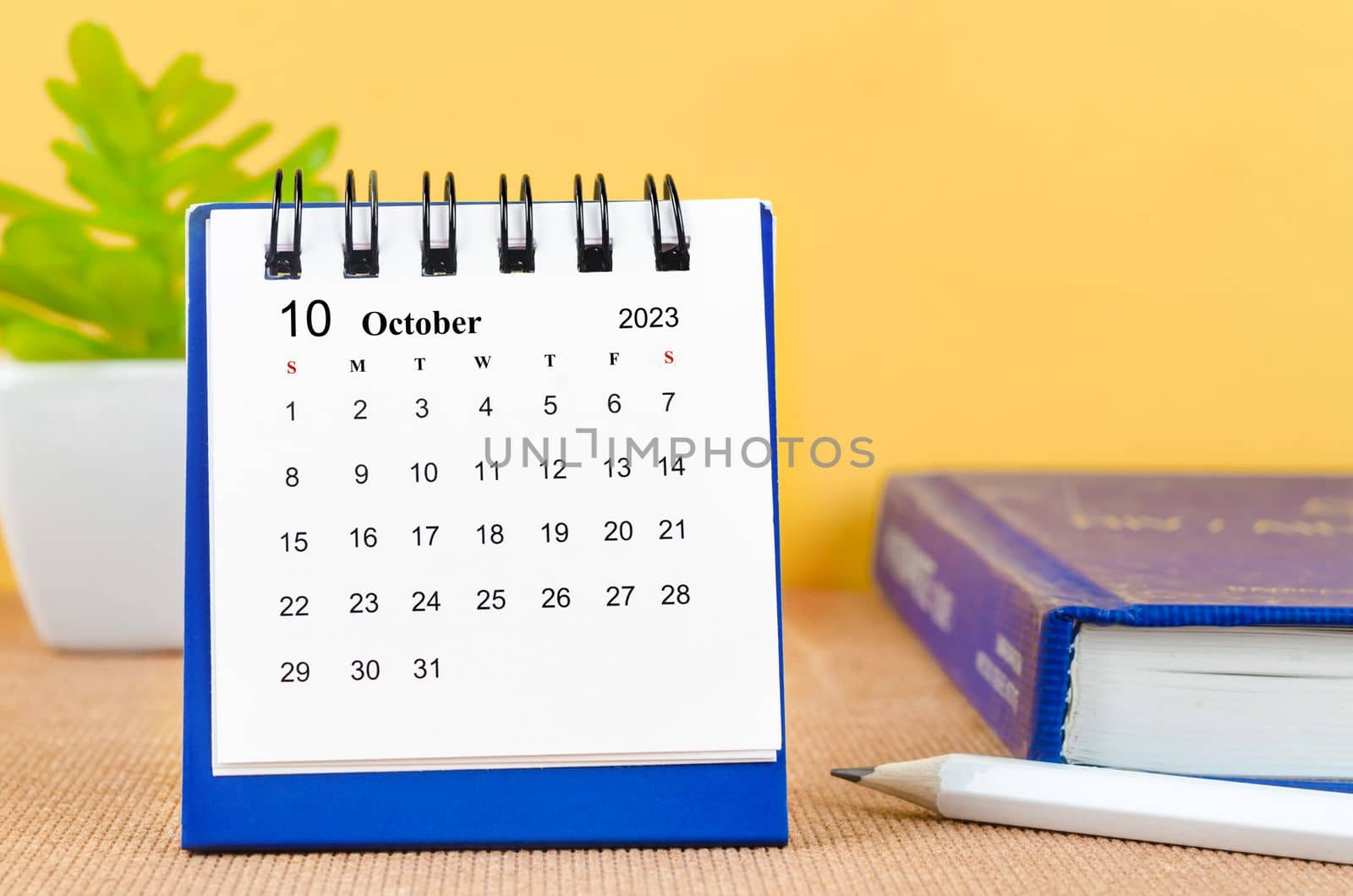 A October 2023 desk calendar with a book.