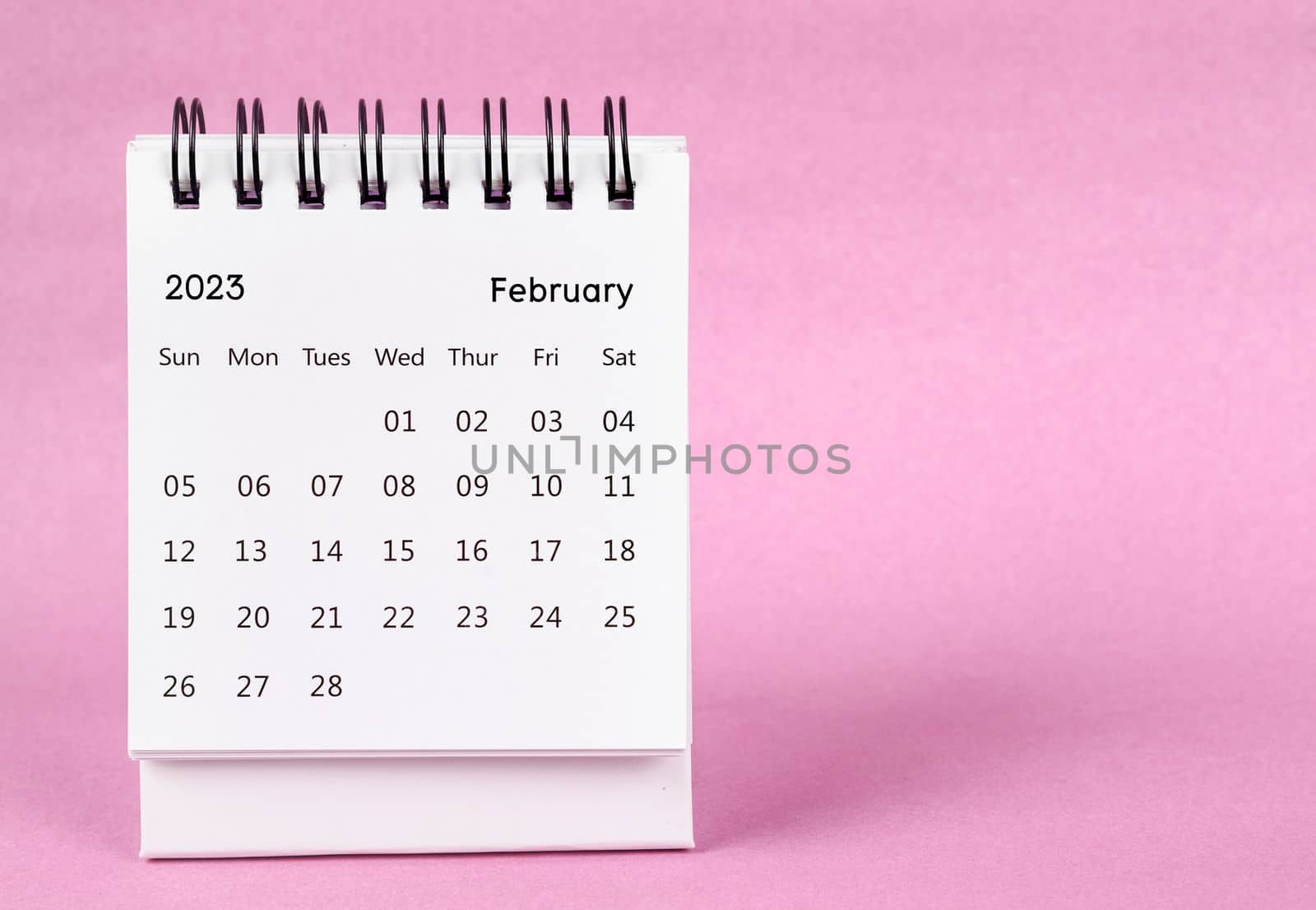 February 2023 desk calendar on pink color background.
