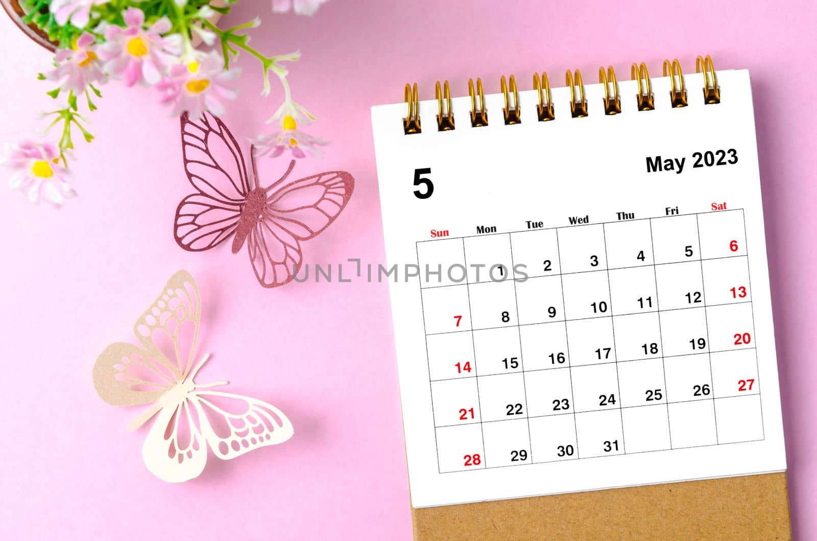 May 2023 desk calendar for the organizer to plan and reminder and paer butterfly on pink colour background.
