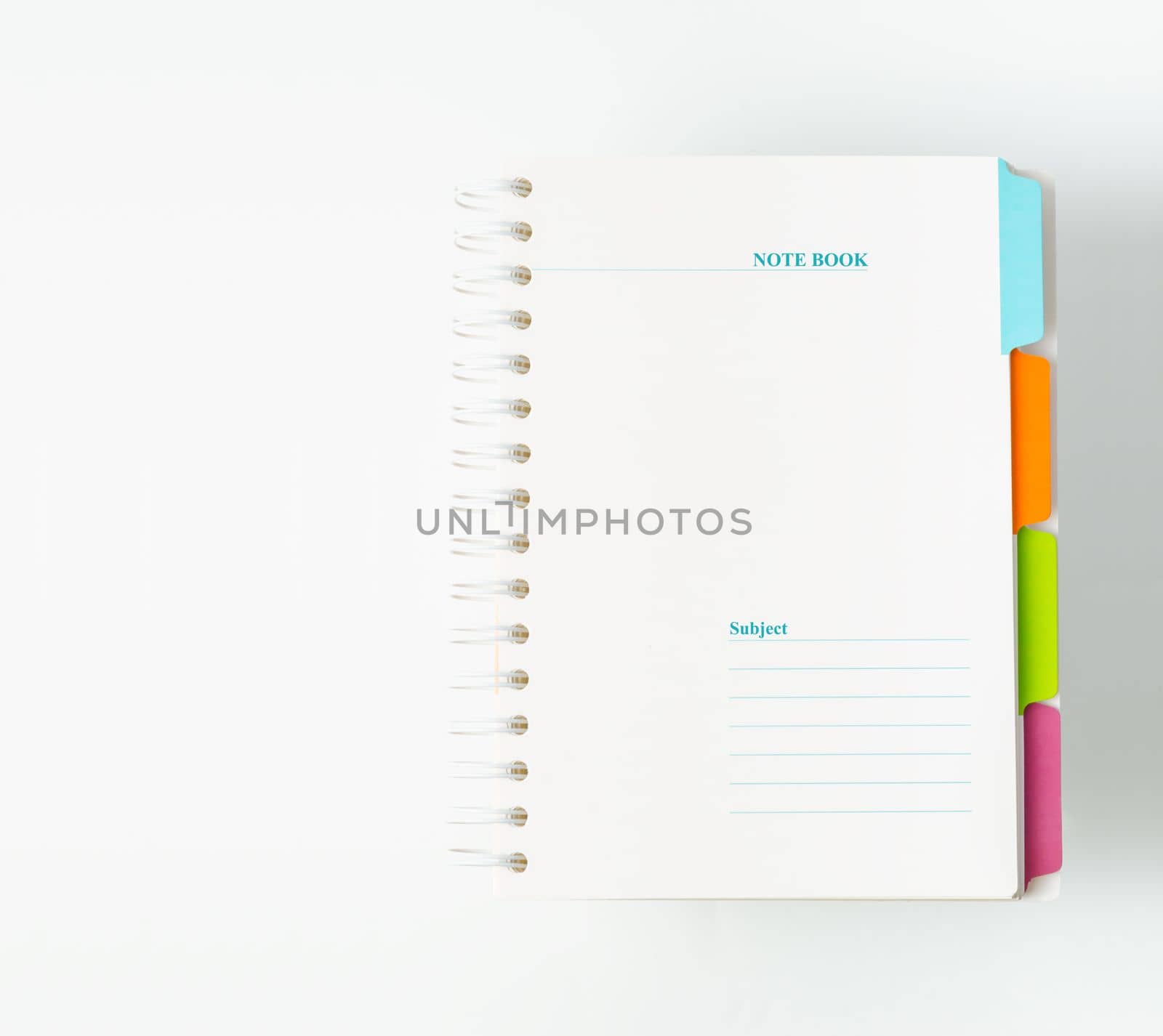 White notebooks with colourful index on white background, stationery.
