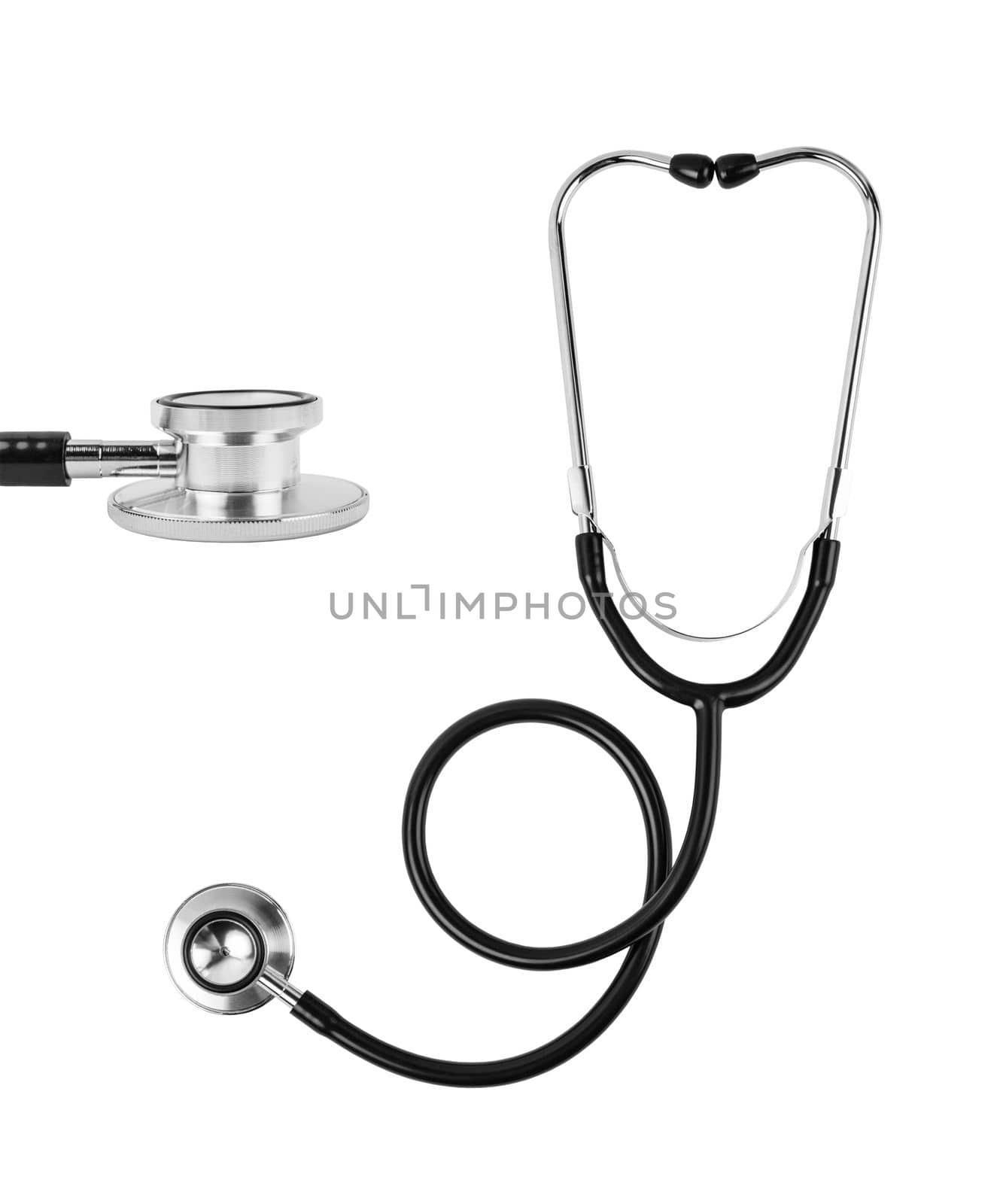 A black stethoscope medical on white isolate background. Saved Clipping path. by Gamjai