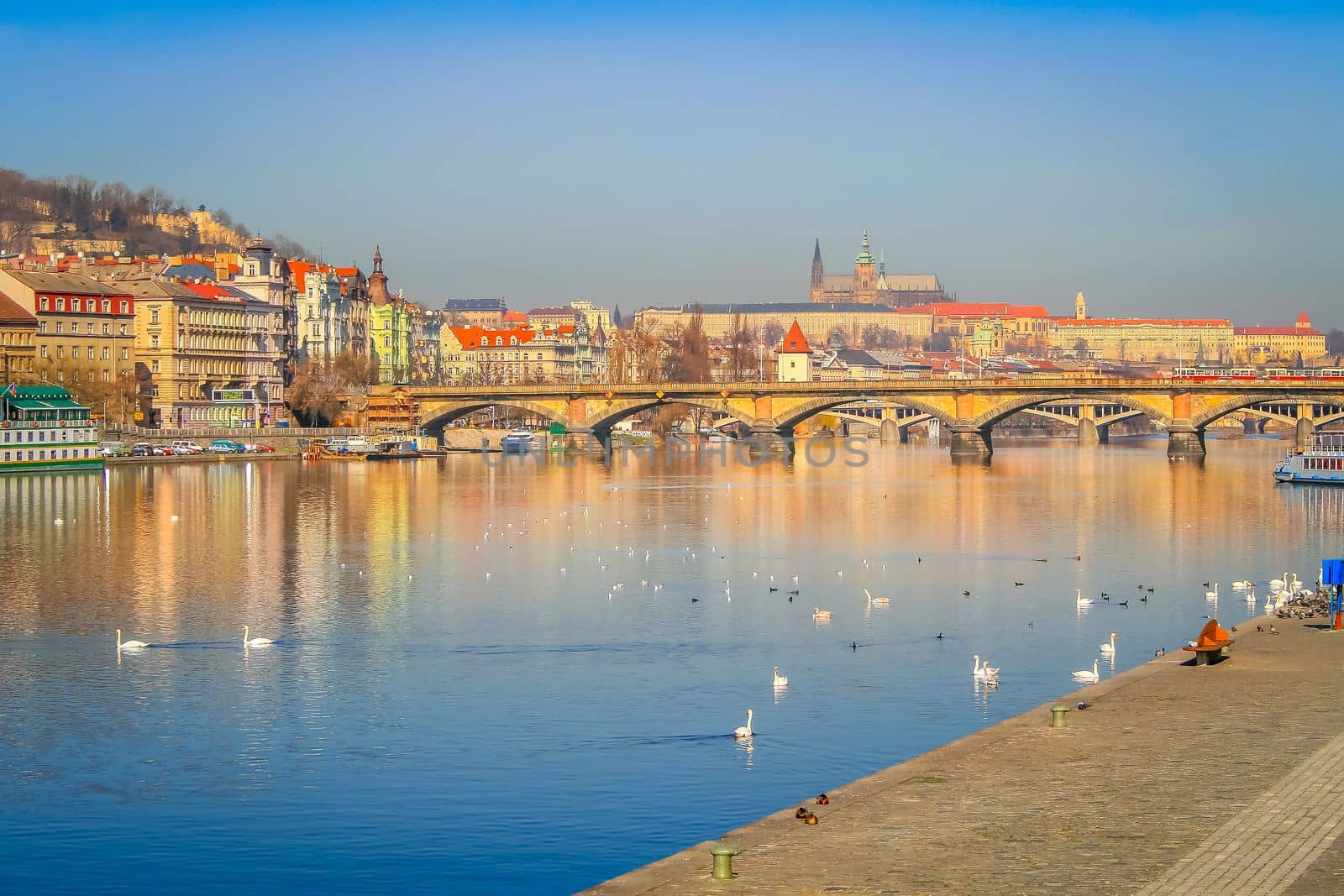Prague medieval old town towers and domes at sunset, Czech Republic