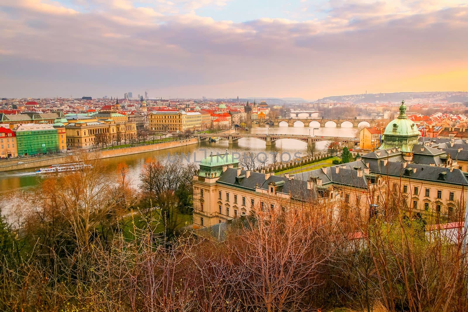Prague medieval old town towers and domes at sunset, Czech Republic