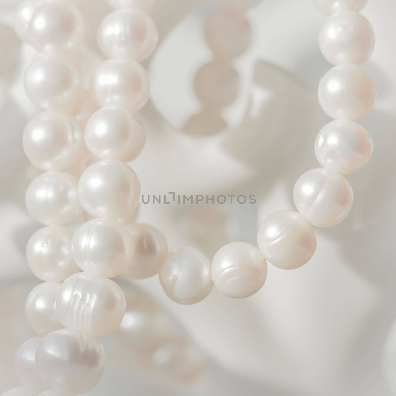 Nature white string of pearls in soft focus with highlights. Holidays background