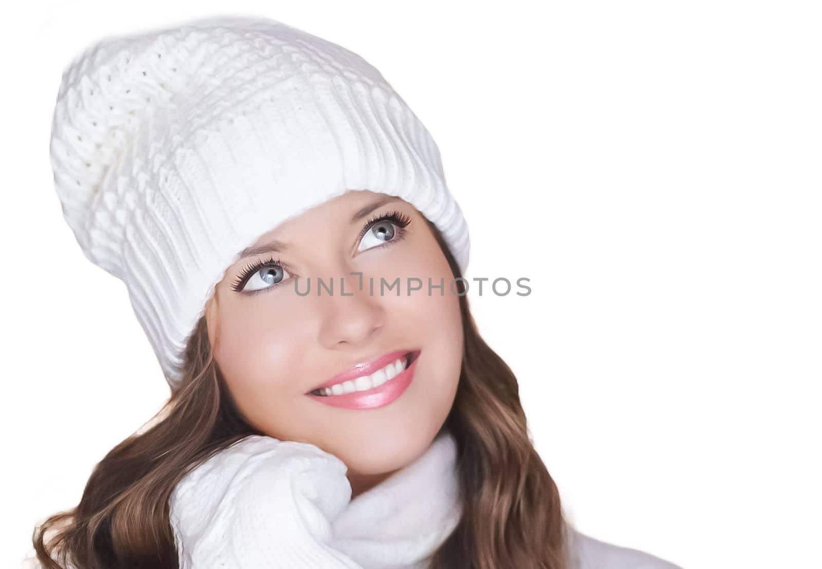 Winter holiday, lifestyle and fashion, beautiful happy woman on isolated white background, Christmas, New Year and holidays portrait.