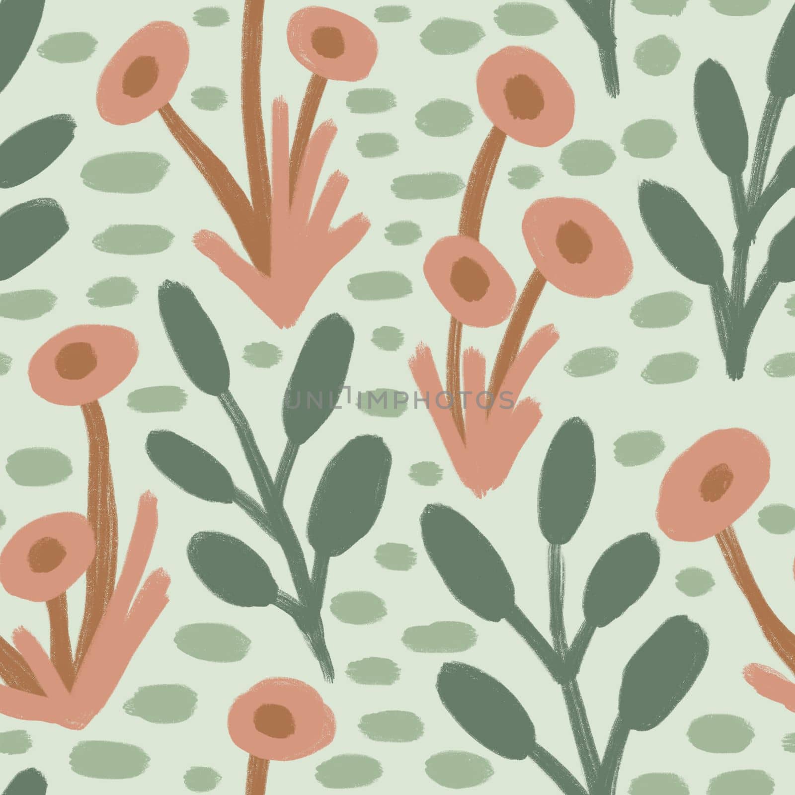Hand drawn seamless pattern with muted pastel flowers, neutral beige sage green floral design. Boho bohemian trendy loose nature blossom bloom leaves, victorian retro garden print, retro romantic fabric for spring summer foliage. by Lagmar