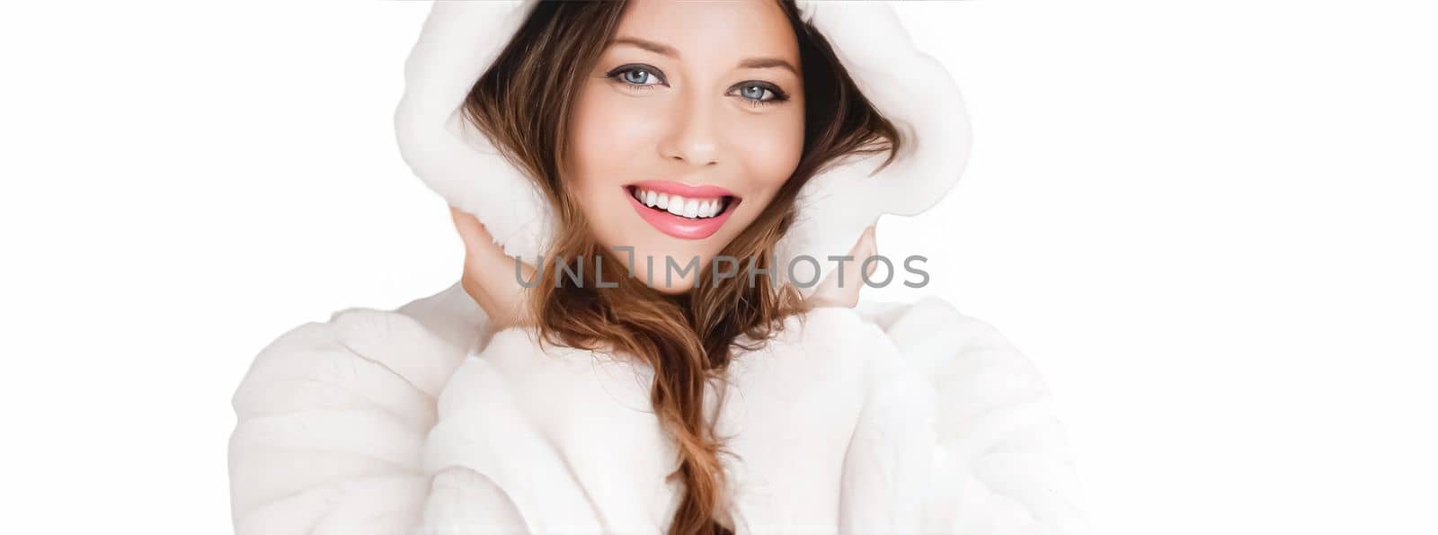 Winter fashion and beauty, beautiful woman in white fur coat by Anneleven