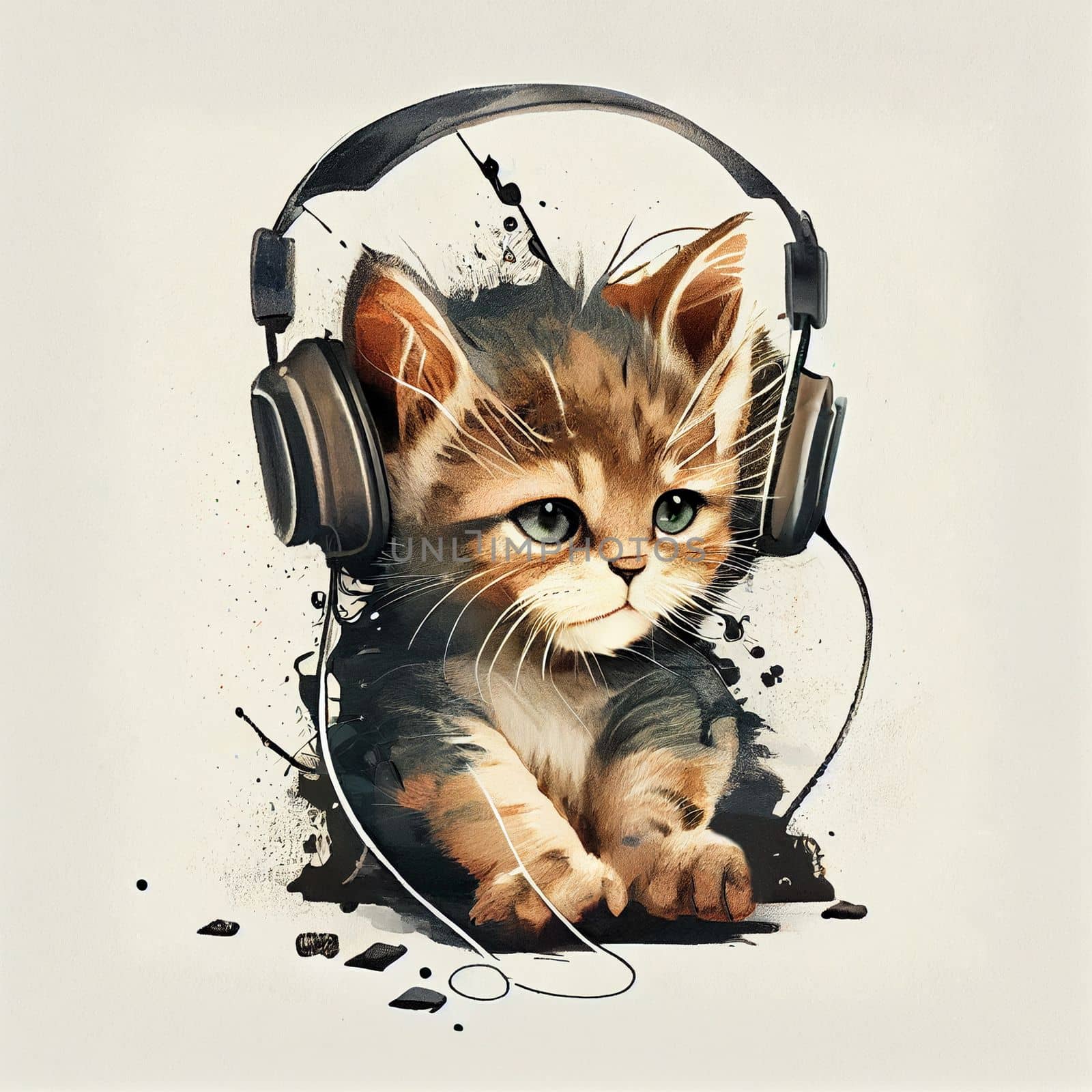 Cute little kitten in big blue headphones, listening to music. Style hand drawning illustration. Ai generative