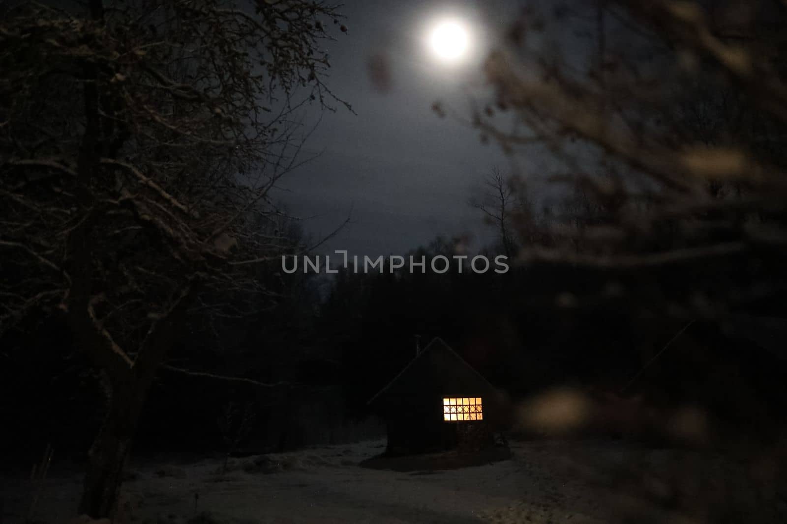 Old house in the forest at night. Old mystic building in night tree forest with moon