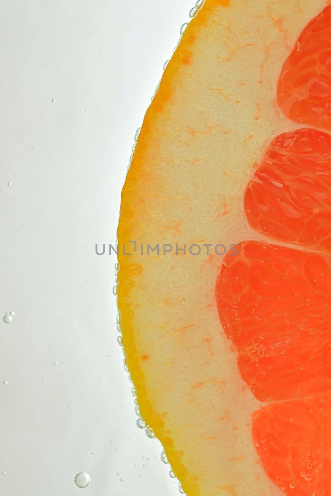 Close-up of fresh grapefruit slice on white background. Slice of red grapefruit in sparkling water on white background, close-up. Vertical image by roman_nerud