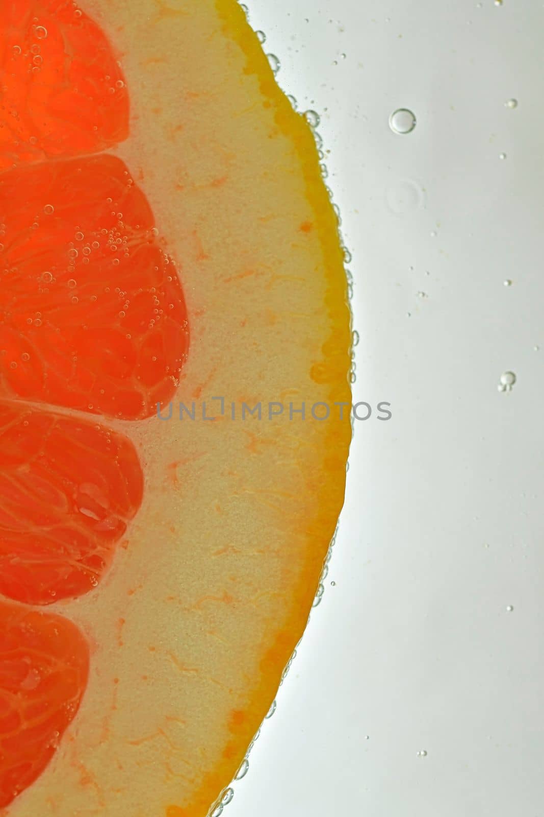 Close-up of juicy grapefruit slice on white background. Slice of red grapefruit in sparkling water on white background, close-up. Vertical macro image.