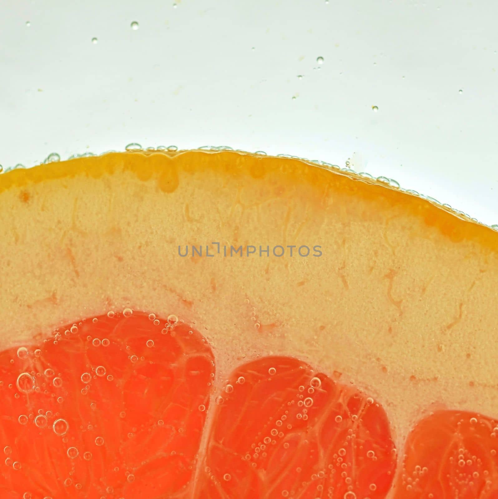 Close-up of fresh grapefruit slice on white background. Slice of red grapefruit in sparkling water on white background, close-up. Horizontal image by roman_nerud