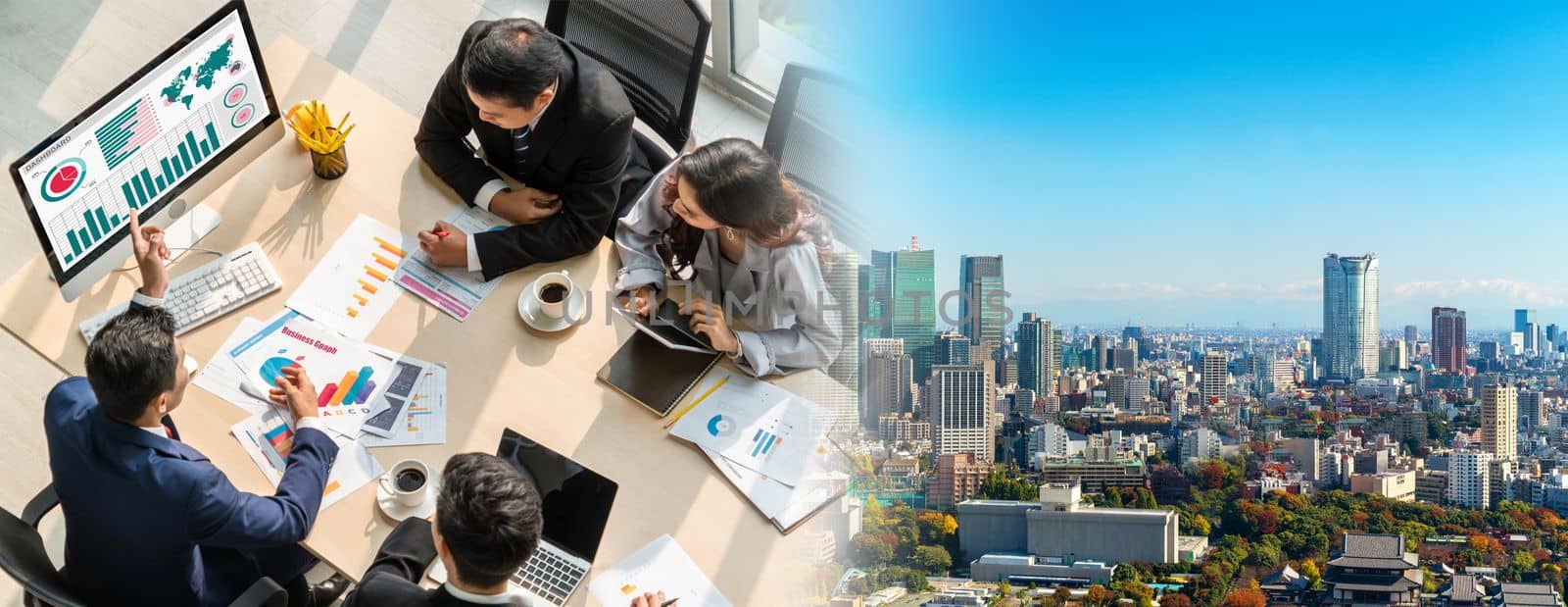 Smart businessman and businesswoman talking discussion in widen group meeting at office table in a modern office interior. Business collaboration strategic planning and brainstorming of coworkers.