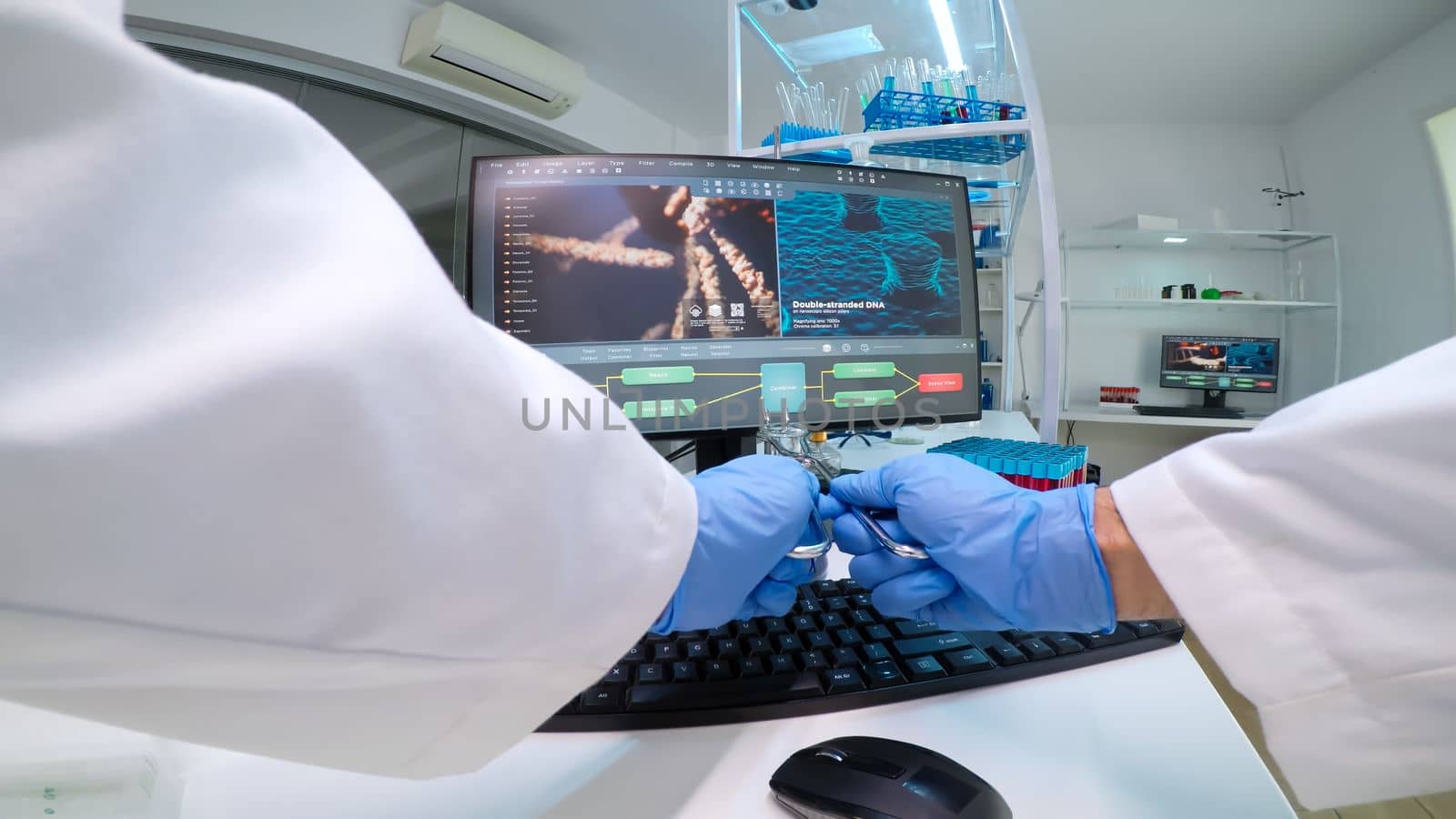 FPV of doctor researcher putting chemical glass vessel with blue liquide on desk working in equipped laboratory looking at DNA scan image developing vaccine against covid 19 virus.