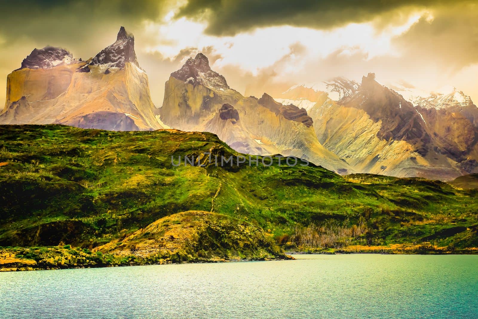 Horns of Paine and Lake Pehoe at dramatic sunset, Torres Del Paine, Patagonia, Chile