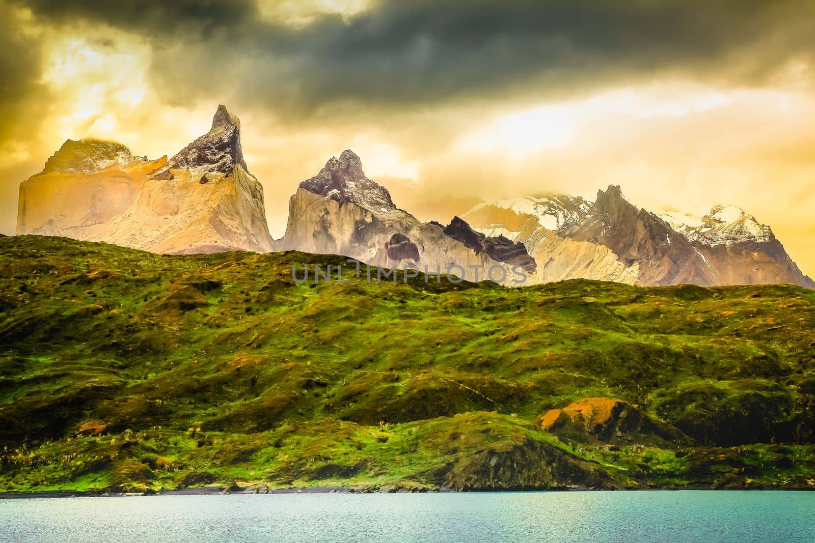 Horns of Paine and Lake Pehoe at dramatic sunset, Torres Del Paine, Patagonia, Chile
