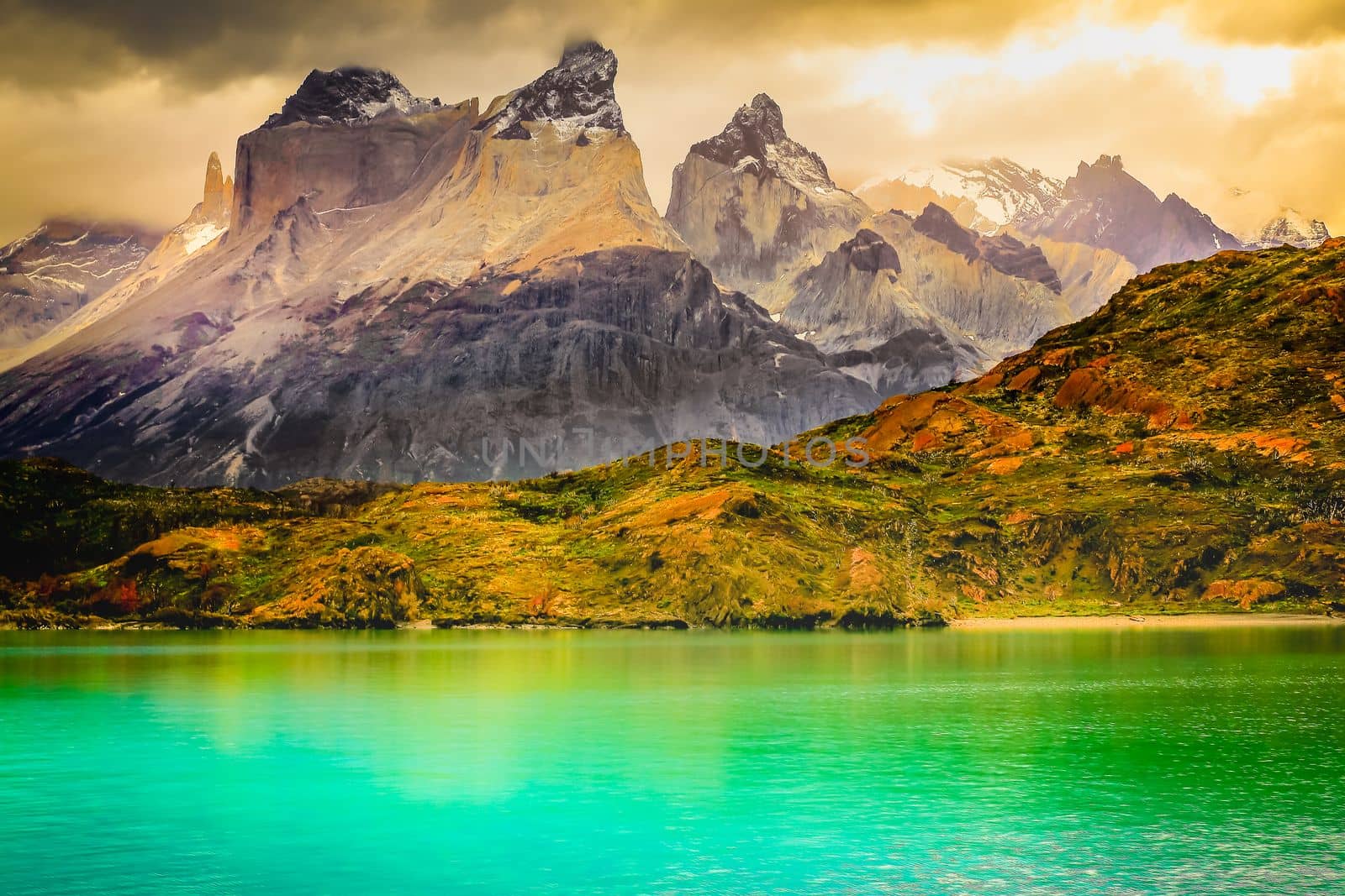 Horns of Paine and Lake Pehoe at dramatic sunset, Torres Del Paine, Patagonia, Chile