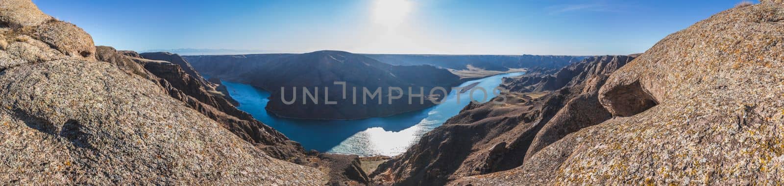 Panorama on River view in rocky gorge, Central asian nature landscape in Almaty region of Kazakhstan.
