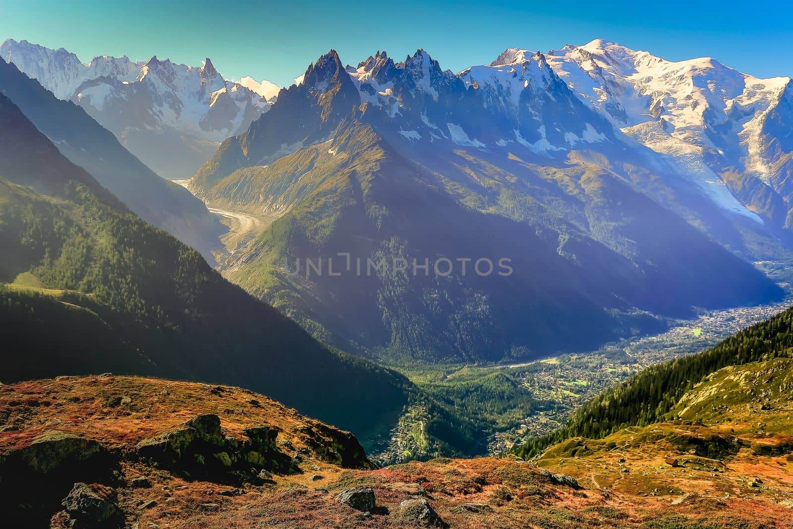 Mont Blanc massif idyllic alpine landscape countryside at sunny day, Chamonix, French Alps
