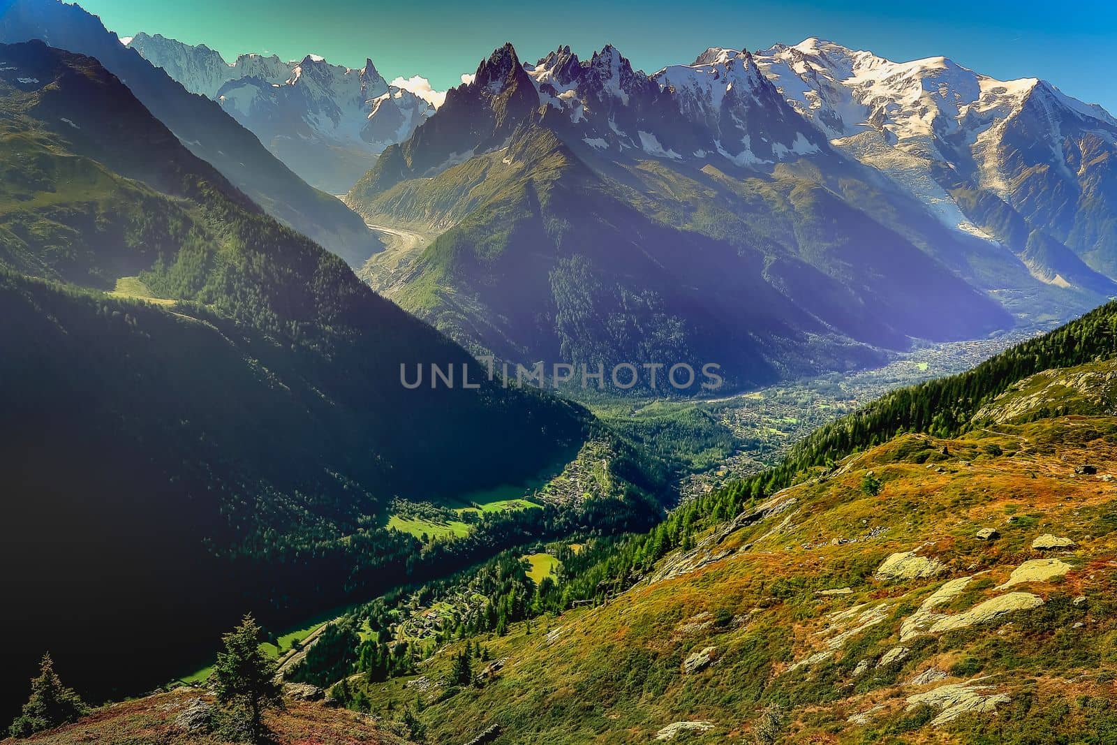 Mont Blanc massif idyllic alpine landscape countryside at sunny day, Chamonix, French Alps