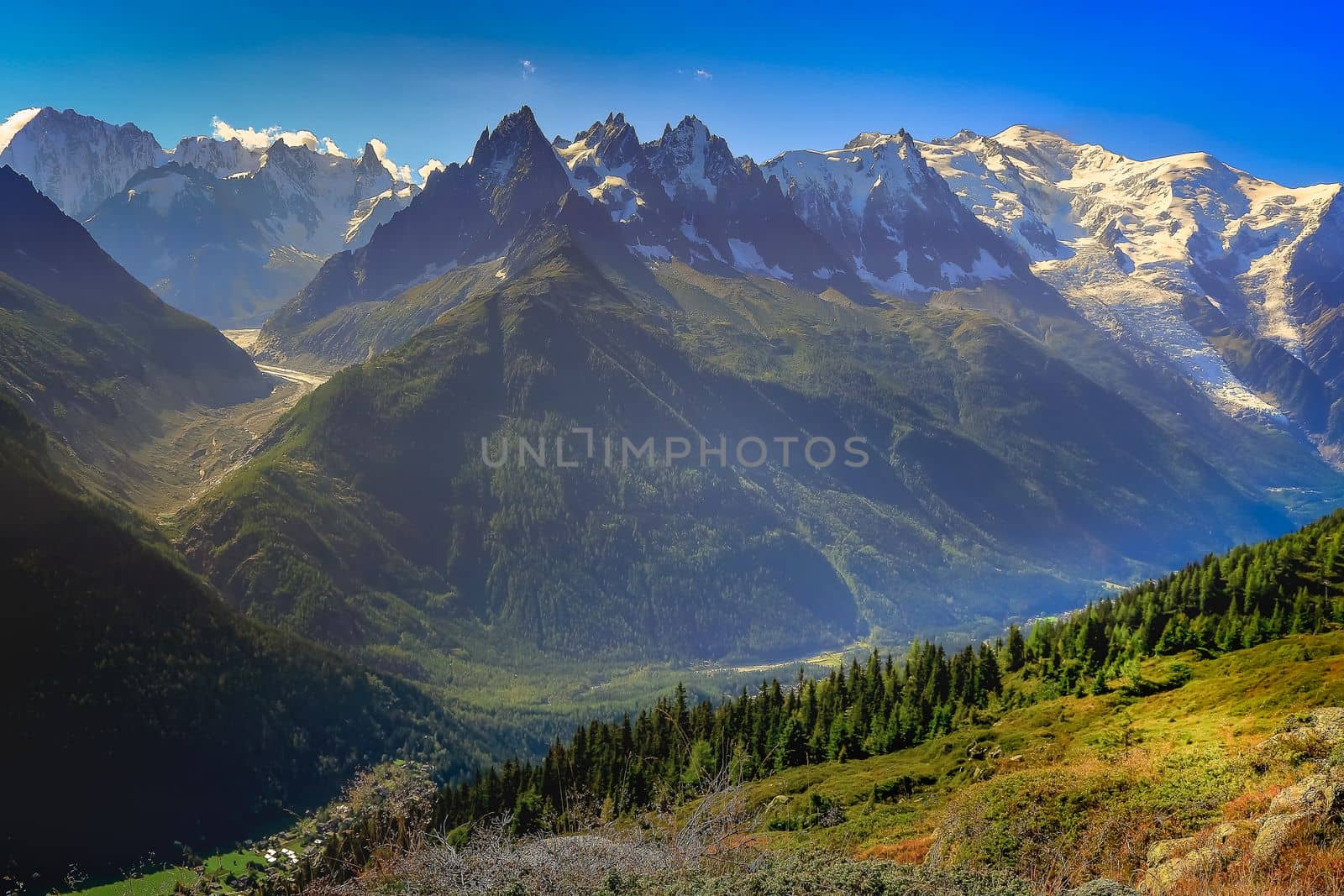 Mont Blanc massif idyllic alpine landscape countryside at sunny day, Chamonix, French Alps