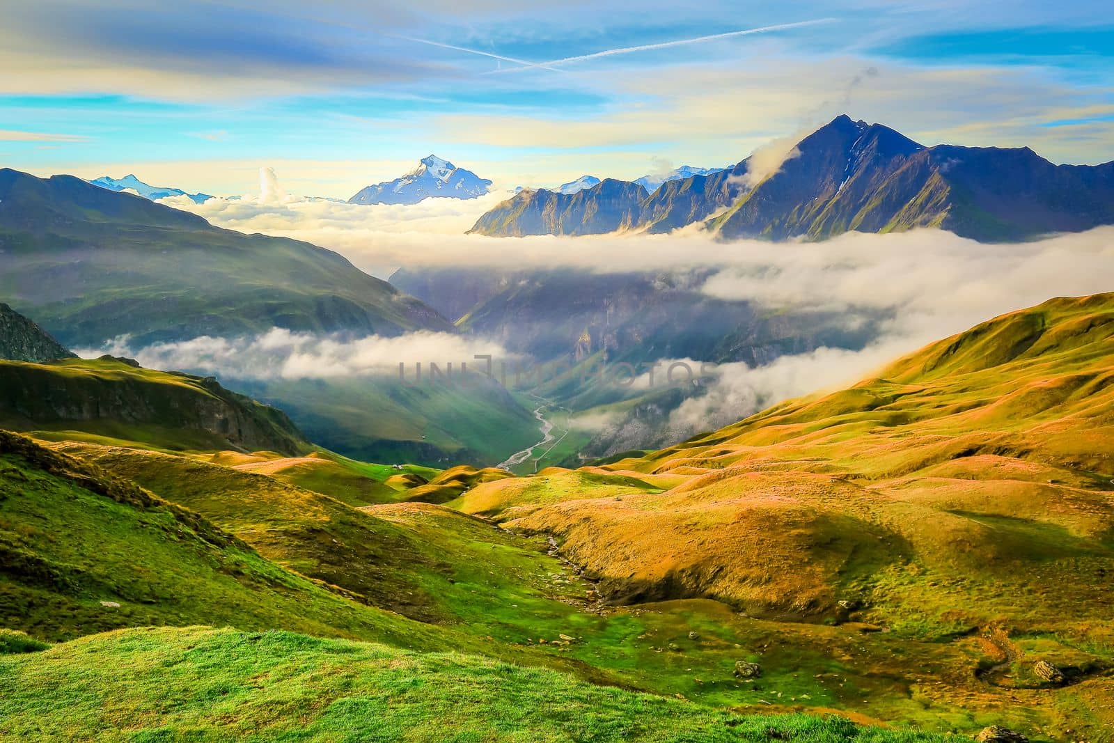 Mont Blanc massif idyllic alpine landscape countryside at sunny day, Chamonix, French Alps