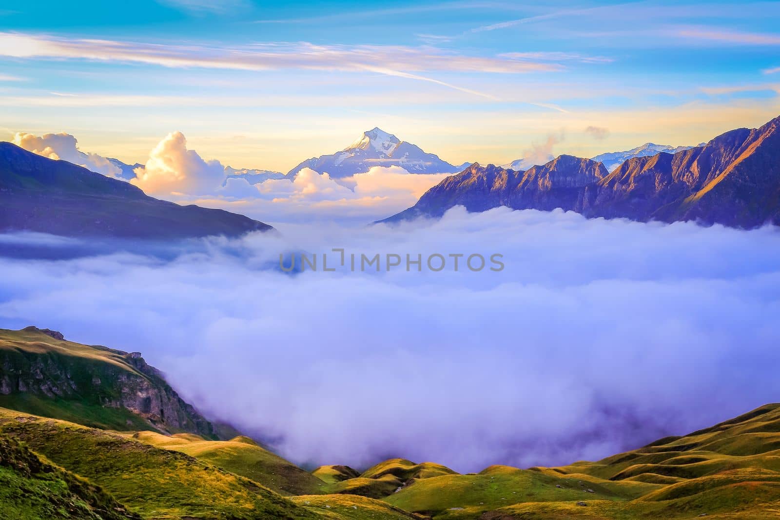 Mont Blanc massif idyllic alpine landscape countryside at sunny day, Chamonix, French Alps