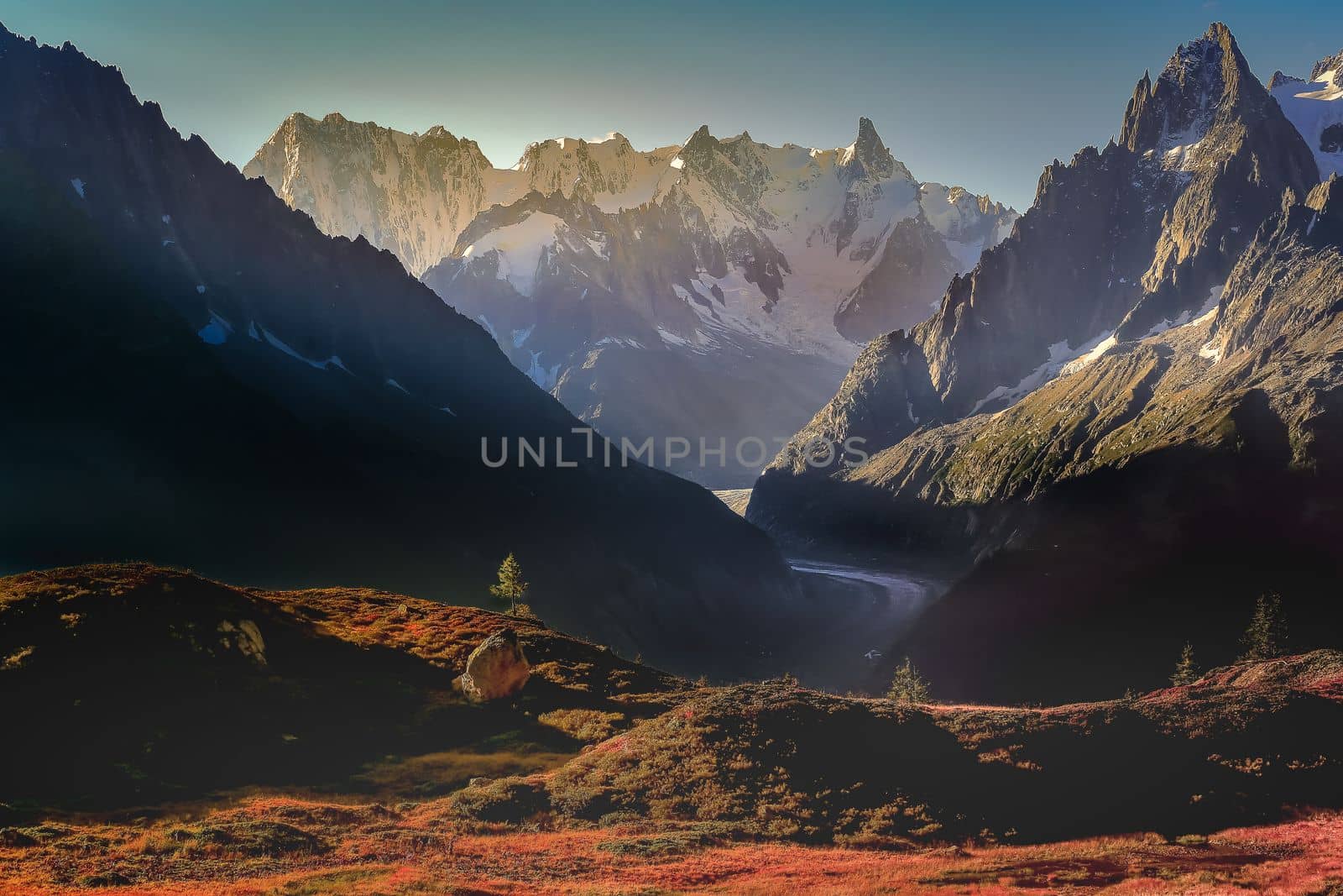 Mont Blanc massif idyllic alpine landscape countryside at sunny day, Chamonix, French Alps