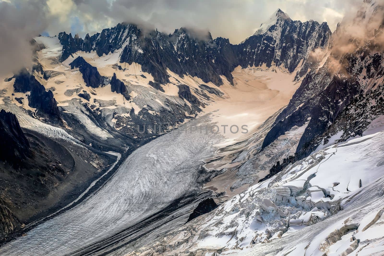 Mont Blanc massif idyllic alpine landscape countryside at sunny day, Chamonix, French Alps