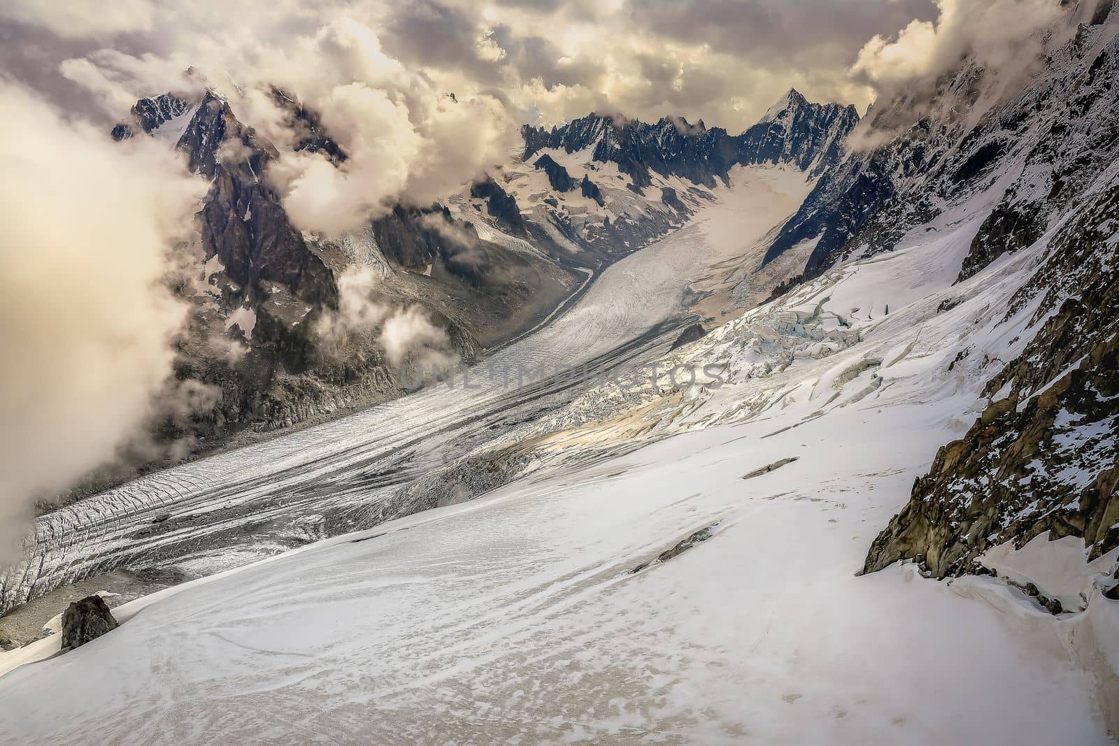 Mont Blanc massif idyllic alpine landscape countryside at sunny day, Chamonix, French Alps