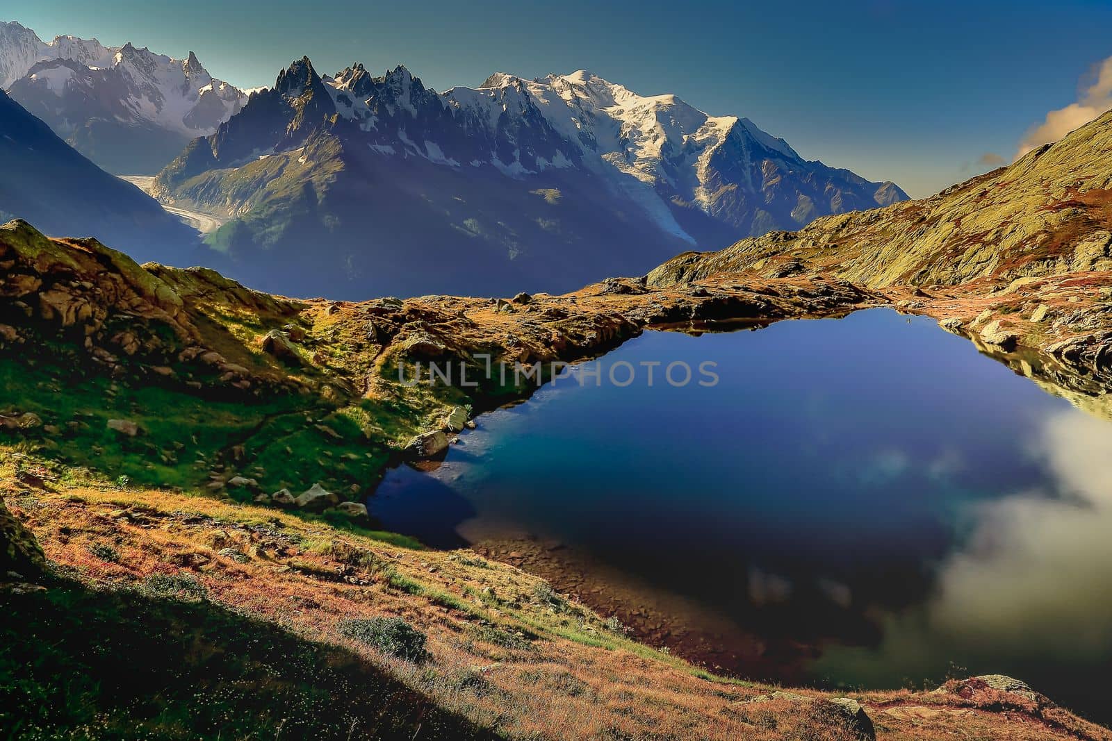 Mont Blanc and idyllic lake Cheserys reflection, Chamonix, French Alps at sunset