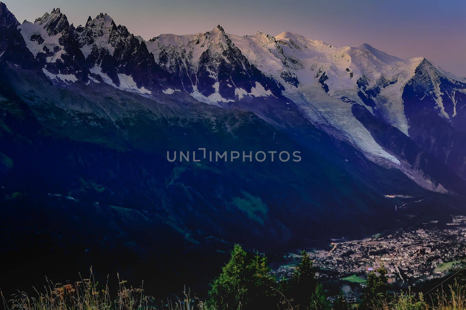 Mont Blanc massif idyllic alpine landscape at dramatic sunrise, Chamonix, French Alps