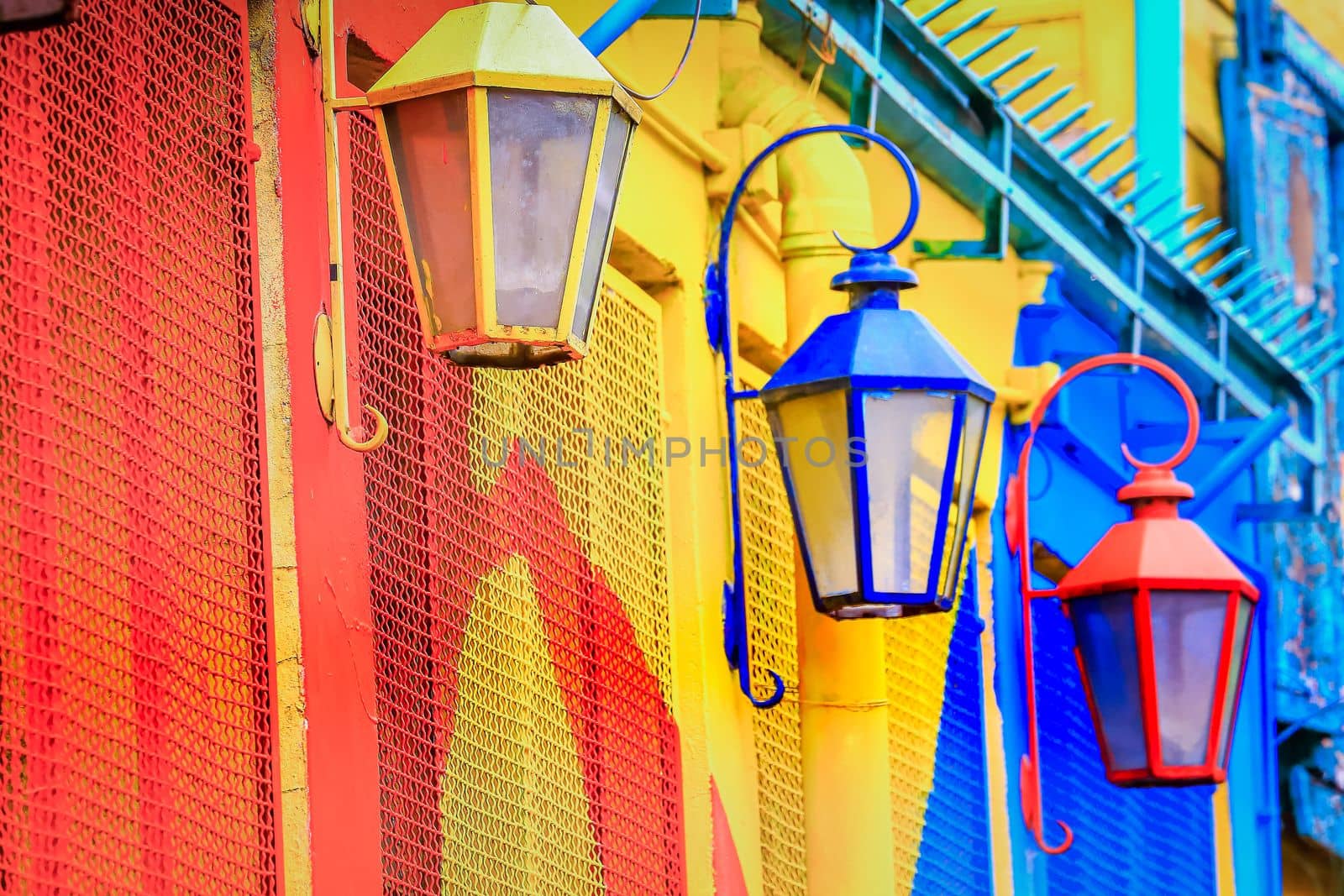 Colorful facade on Caminito Street of La Boca with street lamps, in Buenos Aires city, Argentina, South America
