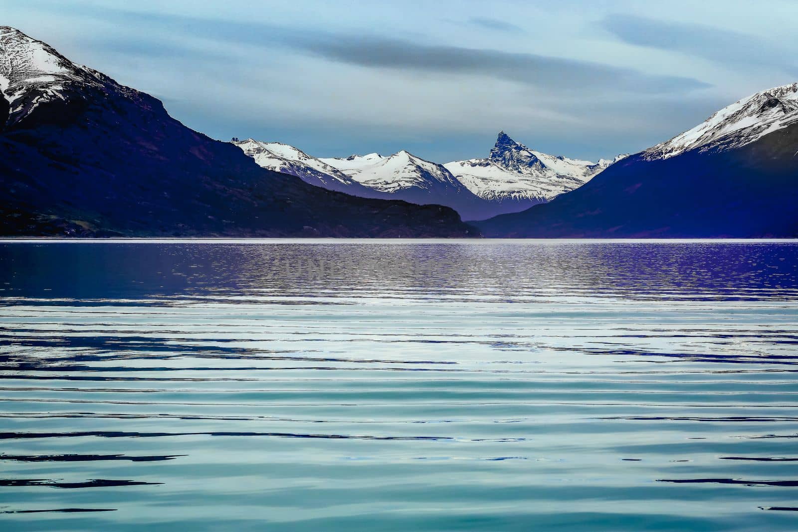 Snowcapped Andes and Lake Argentina near El calafate, Patagonia landscape, South America