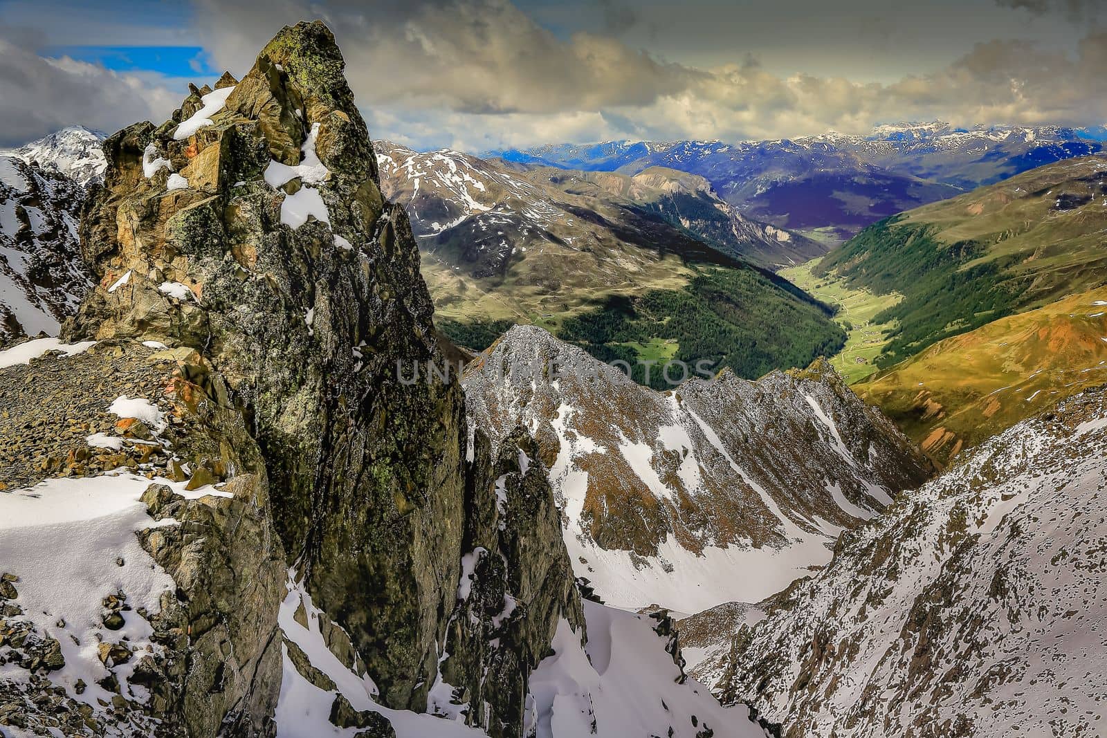 Snowcapped mountains in Kaunertal valley at springtime sunny day , Tyrol, Austria