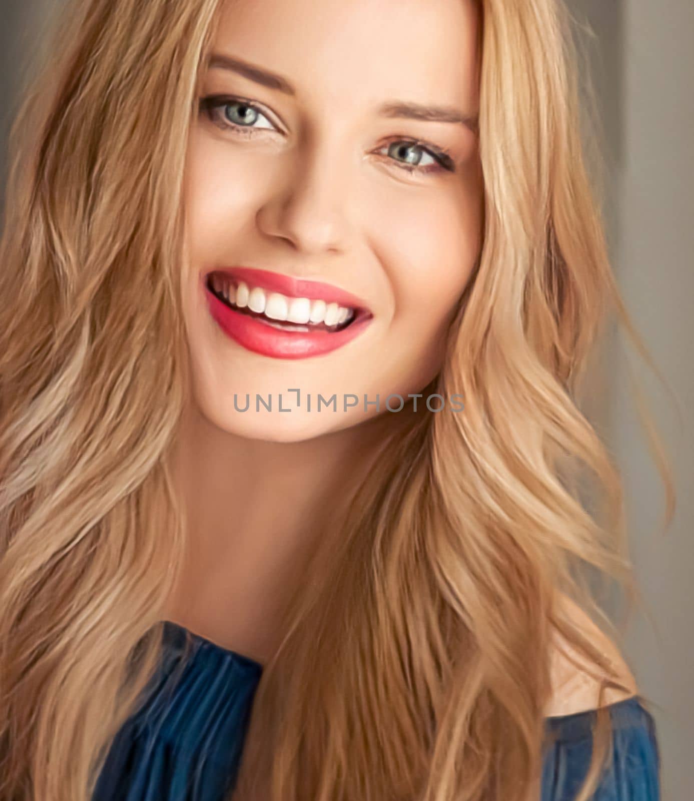 Beauty and femininity, beautiful blonde woman with long blond hair smiling, natural portrait by Anneleven