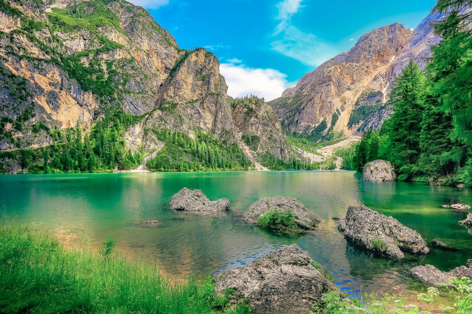 Idyllic Braies lake at sunrise in Dolomites alps Landscape, Italy