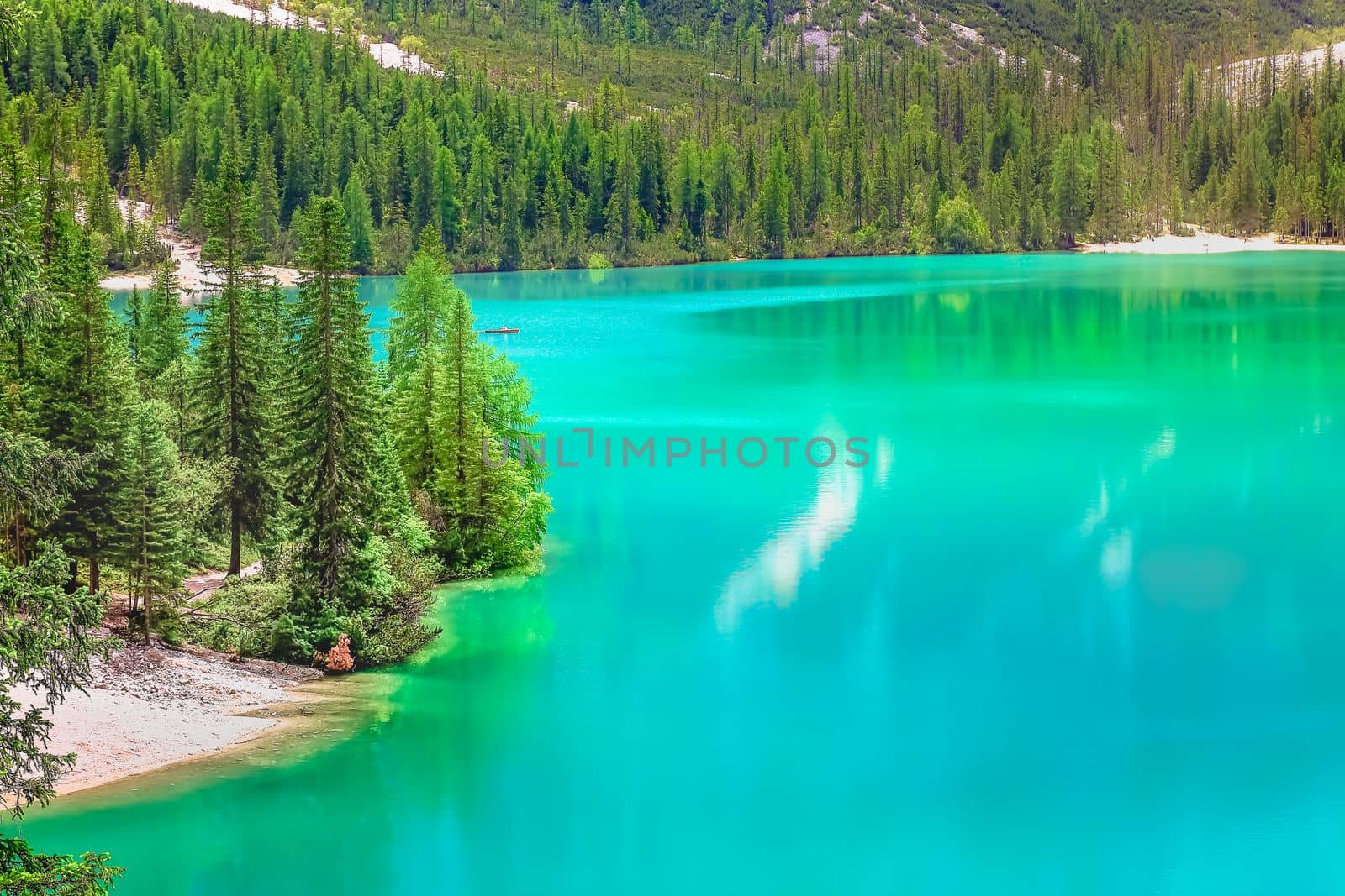 Idyllic Braies lake at sunrise in Dolomites alps Landscape, Italy