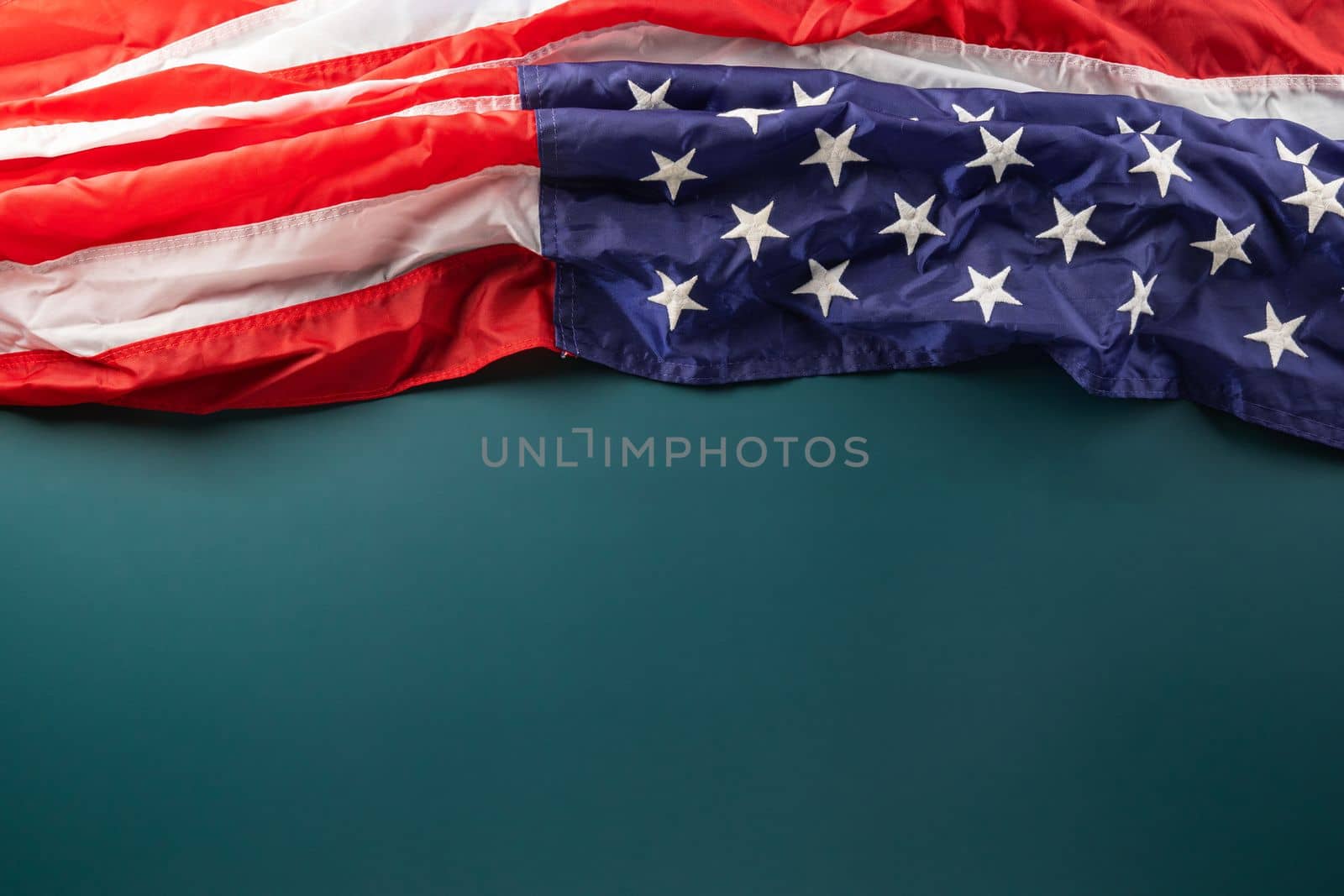 USA flag for Memorial day on abstract blue background, Banner template design of presidents day concept, above flag of United States American with copy space, Presidents Day, holiday background