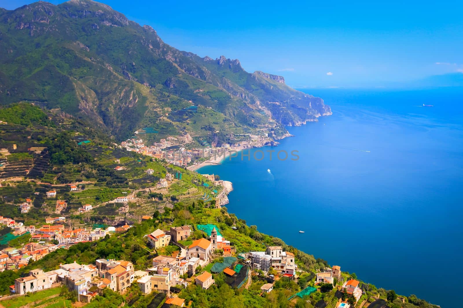 Turquoise Italian Amalfi Coast aerial panorama from Ravello terrace at sunny day, Italy