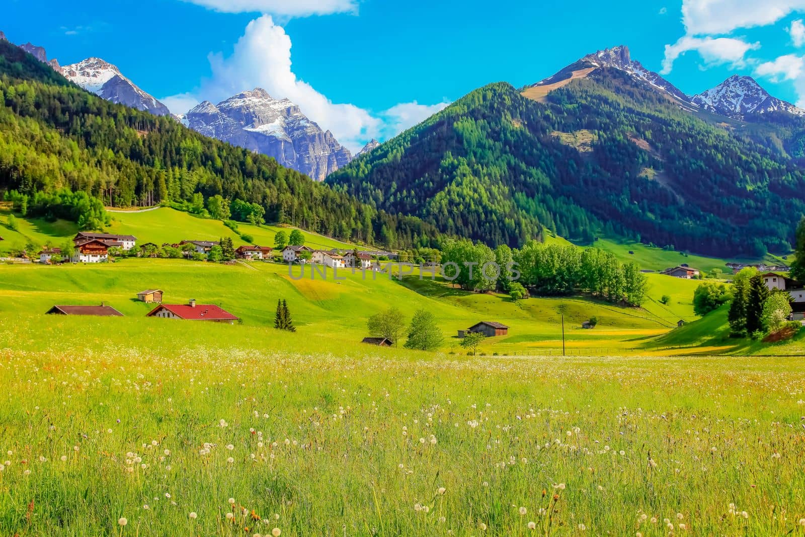 Alpine farm in Green Stubai valley near Innsbruck at sunset, Tyrol, Austria