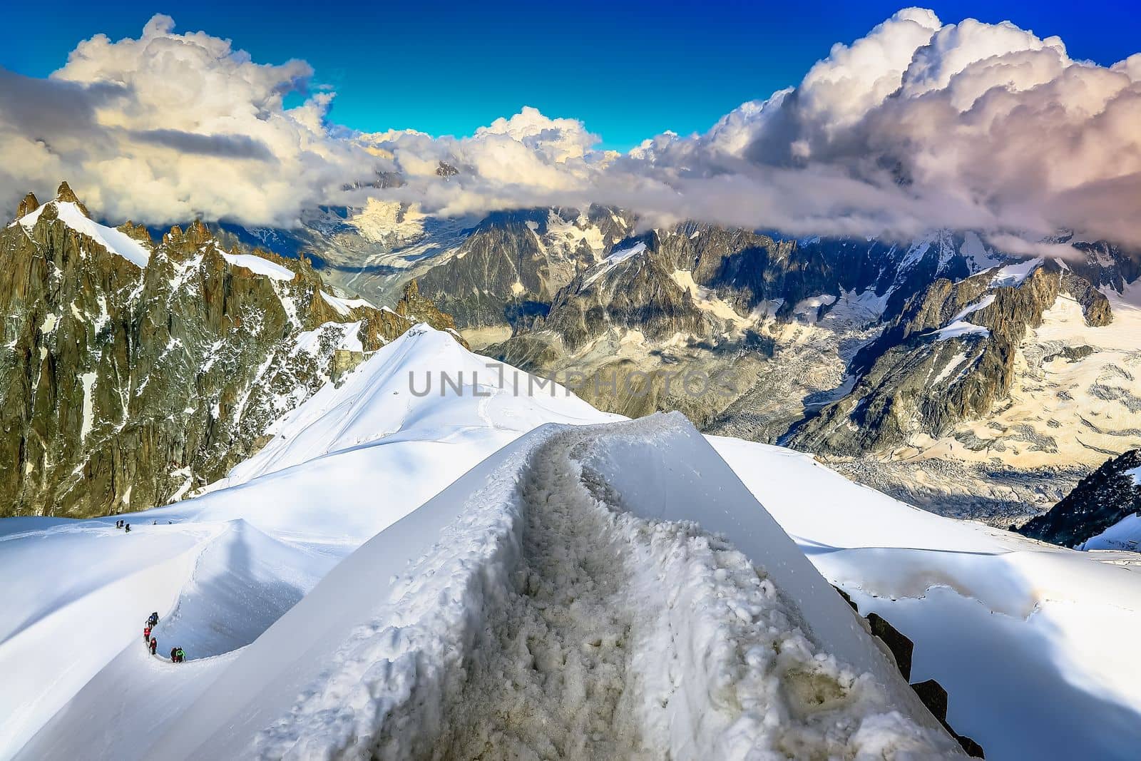 Mont Blanc massif idyllic alpine landscape at dramatic sunrise, Chamonix, French Alps