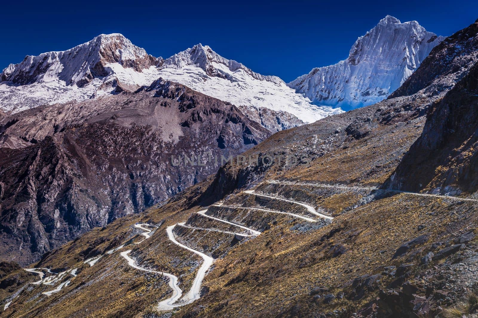 Portachuelo winding Road, mountain pass in Huascaran, Cordillera Blanca, snowcapped Andes, Ancash, Peru