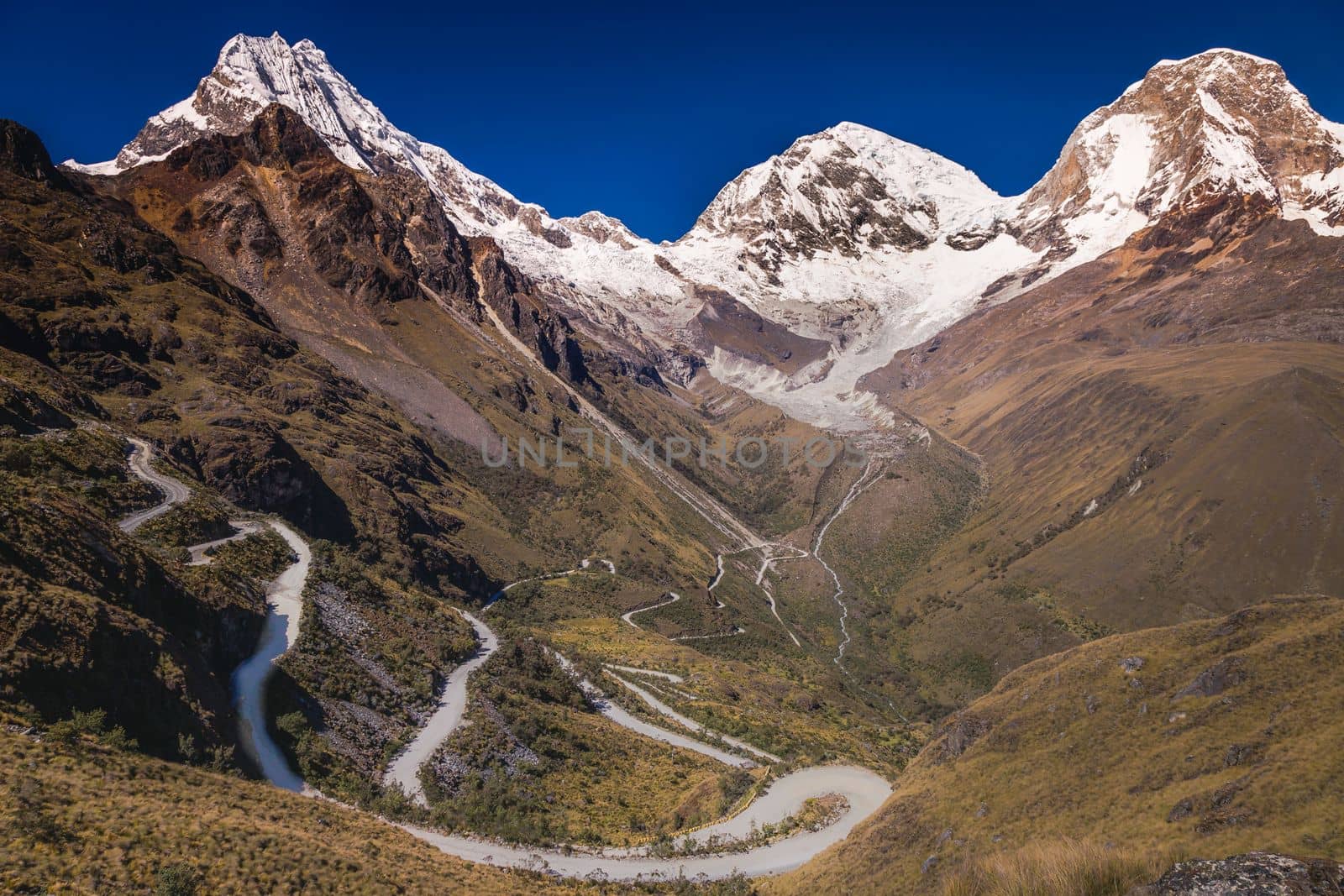 Portachuelo winding Road, mountain pass in Huascaran, Cordillera Blanca, snowcapped Andes, Ancash, Peru