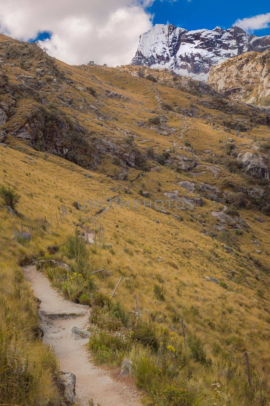 Trekking path, mountain pass in Huascaran, Cordillera Blanca, snowcapped Andes, Ancash Peru