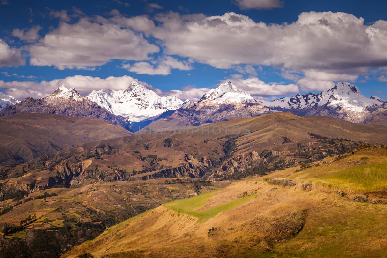 Cordillera Blanca panorama near Huaraz, snowcapped Peruvian Andes at sunny day, Ancash, Peru