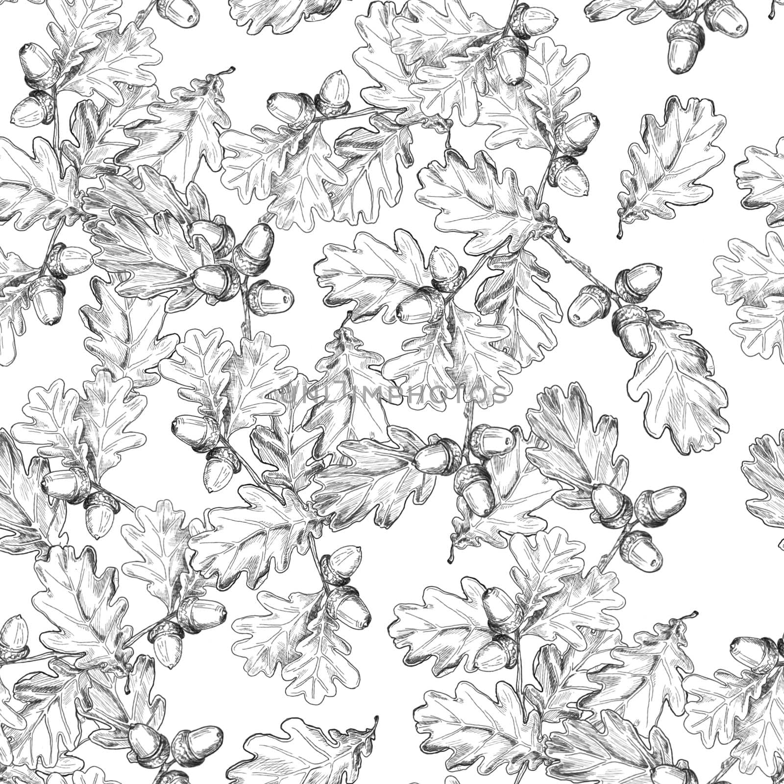 Oak branch with leaves and acorns outline seamless pattern