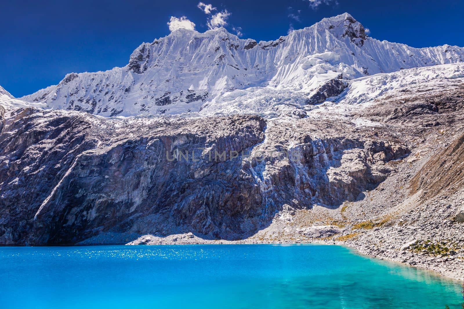 Idyllic laguna 69 in Cordillera Blanca, snowcapped Andes, Ancash, Peru