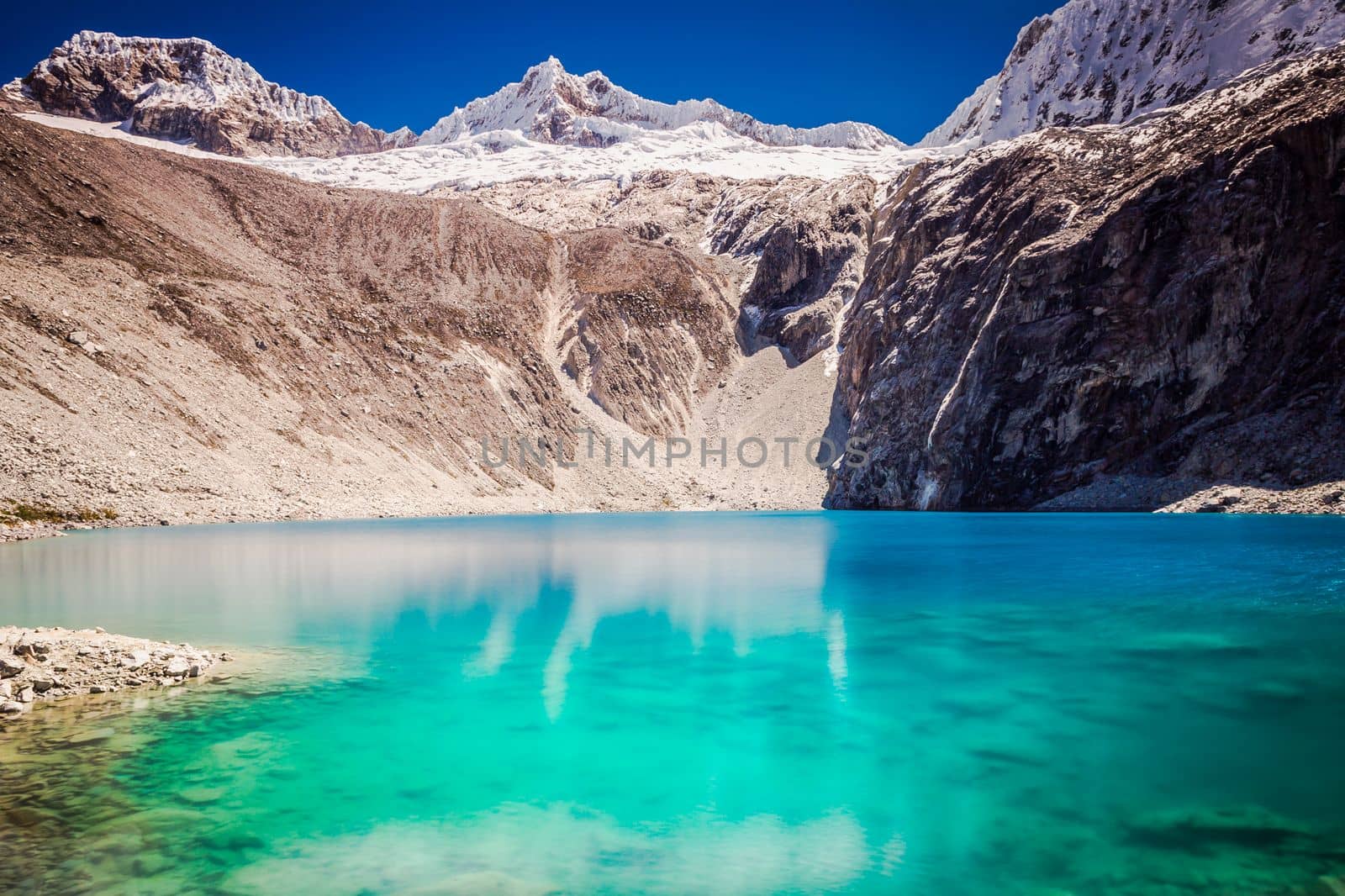 Idyllic laguna 69 in Cordillera Blanca, snowcapped Andes, Ancash, Peru