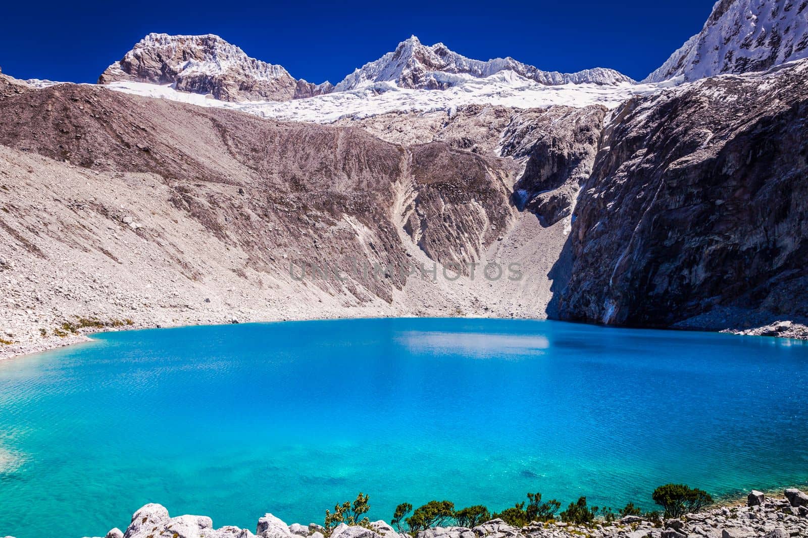 Idyllic laguna 69 in Cordillera Blanca, snowcapped Andes, Ancash, Peru